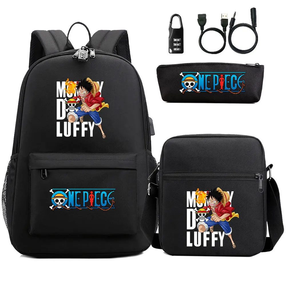 

3pcs New One Piece Anime USB Password Lock Backpack Set Large Capacity School Bag for Teenagers Students Travel Mochila
