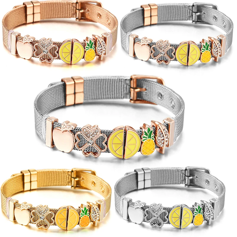 Gran oferta de verano, Pulseras con dijes de cuentas de piña de 10mm, Pulseras de malla de acero inoxidable DIY, Pulseras para Mujer y hombre, joyería