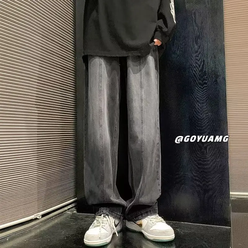 

American Retro Cone aped Jeans Men's Summer Thin Trendy Loose Straight Casual Nine Point Pants High Waist Zipper Regular Th...