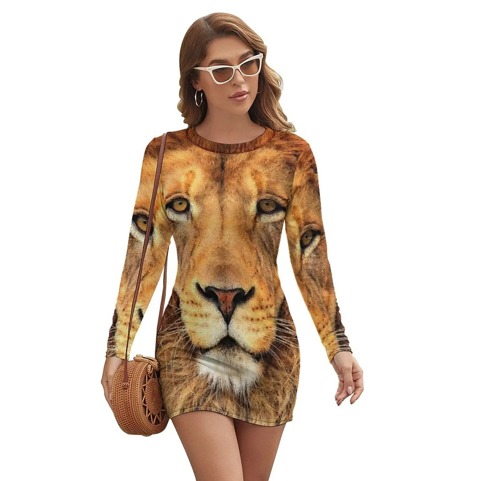 

Beautiful Lion Face Wild Cat Glare Long-sleeved Dress elegant guest wedding dress beach outfits for women Clothing