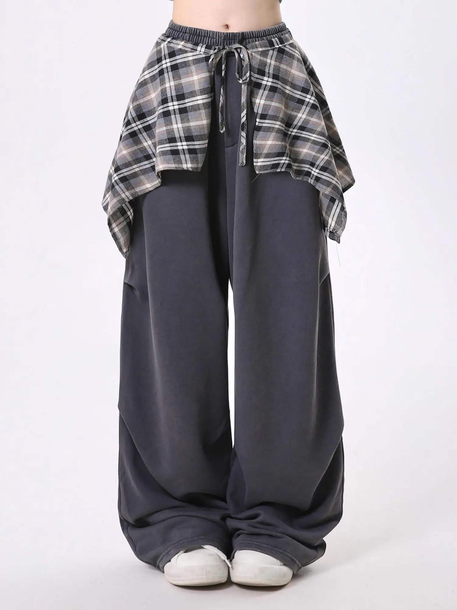 Sweatpants Women's Autumn Retro Plaid Skirt Pleated Design Loose Dancing Trousers Fashion