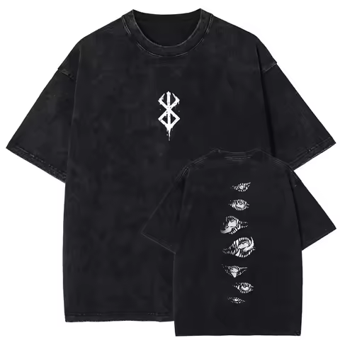 Berserk Washed Print Anime T-shirts Men Women Oversized Tees High Quality Cotton Harajuku Hip Hop Street Vintage Fashion Tops