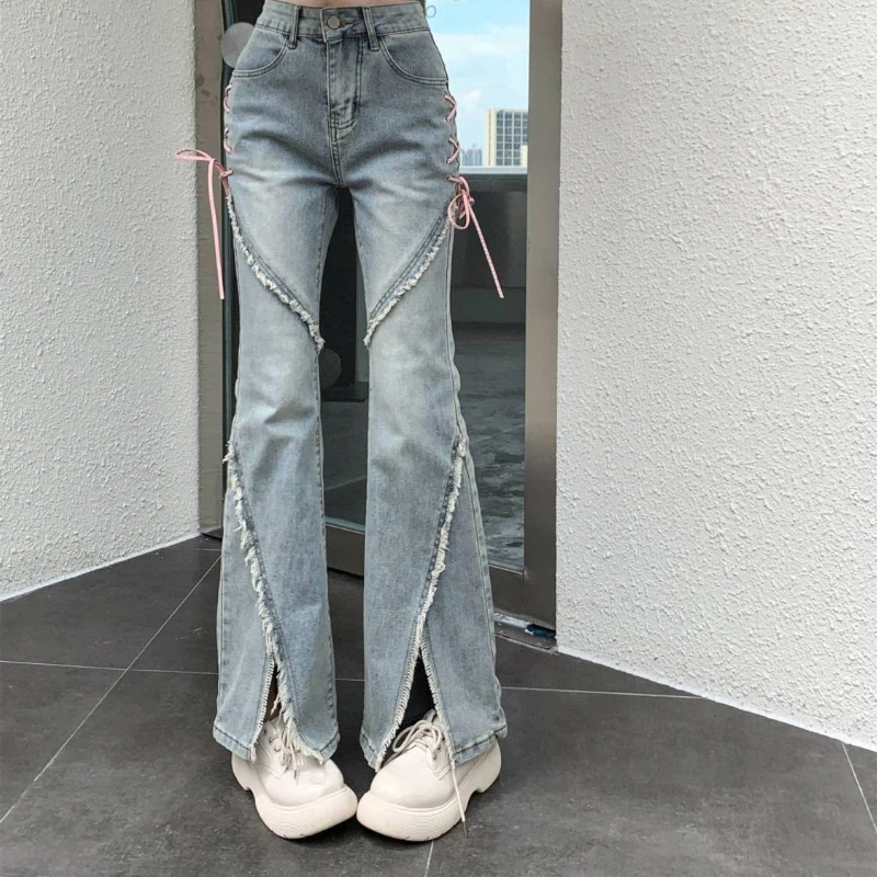 American Split Jeans Women Pink Bandage High Waist Irregular Spliced Denim Pants Zipper Fly Trousers Y2k Pantalon Femme