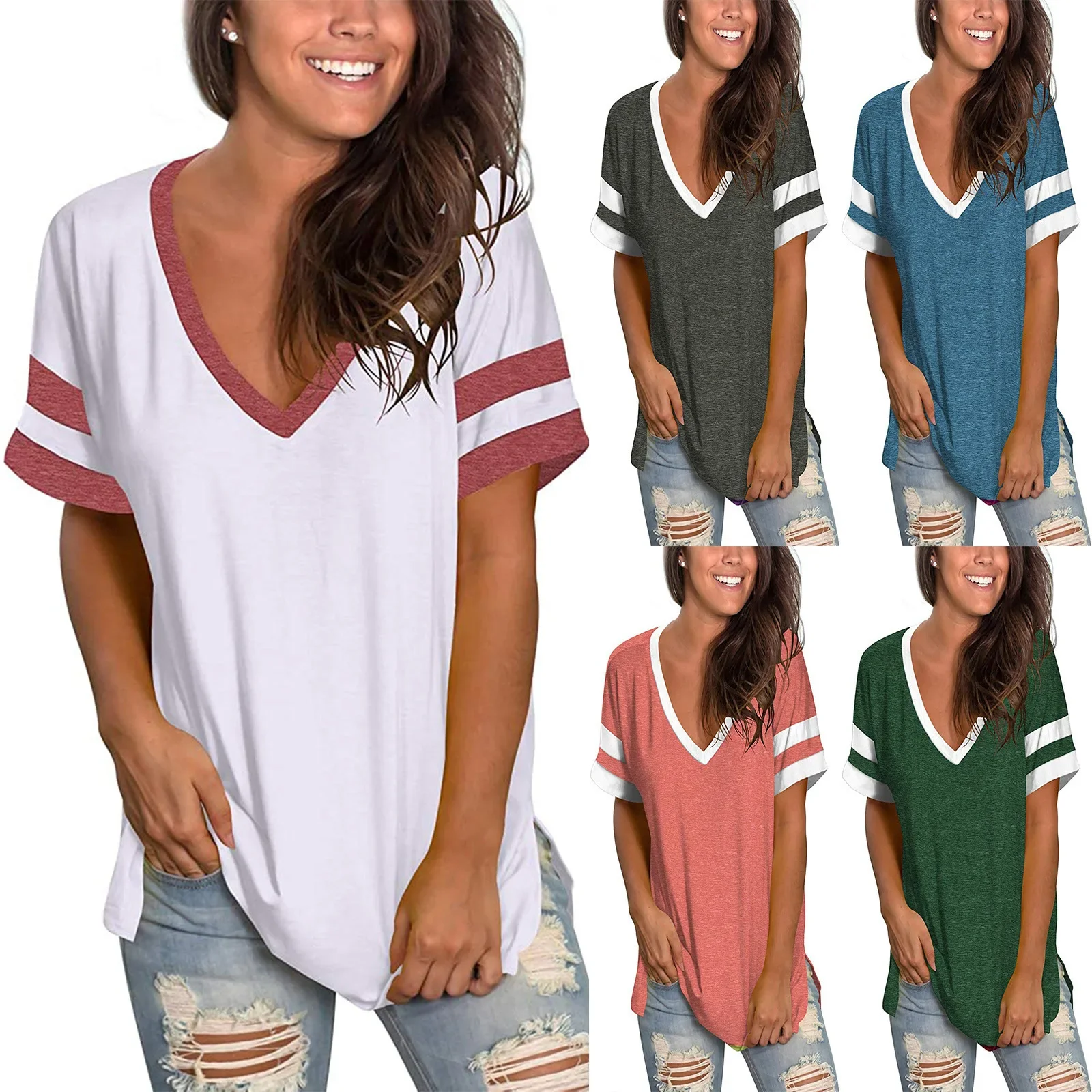 

2024 Europe and the United States spring and summer new women's base shirt solid color V-neck splicing short sleeve loose T-shir