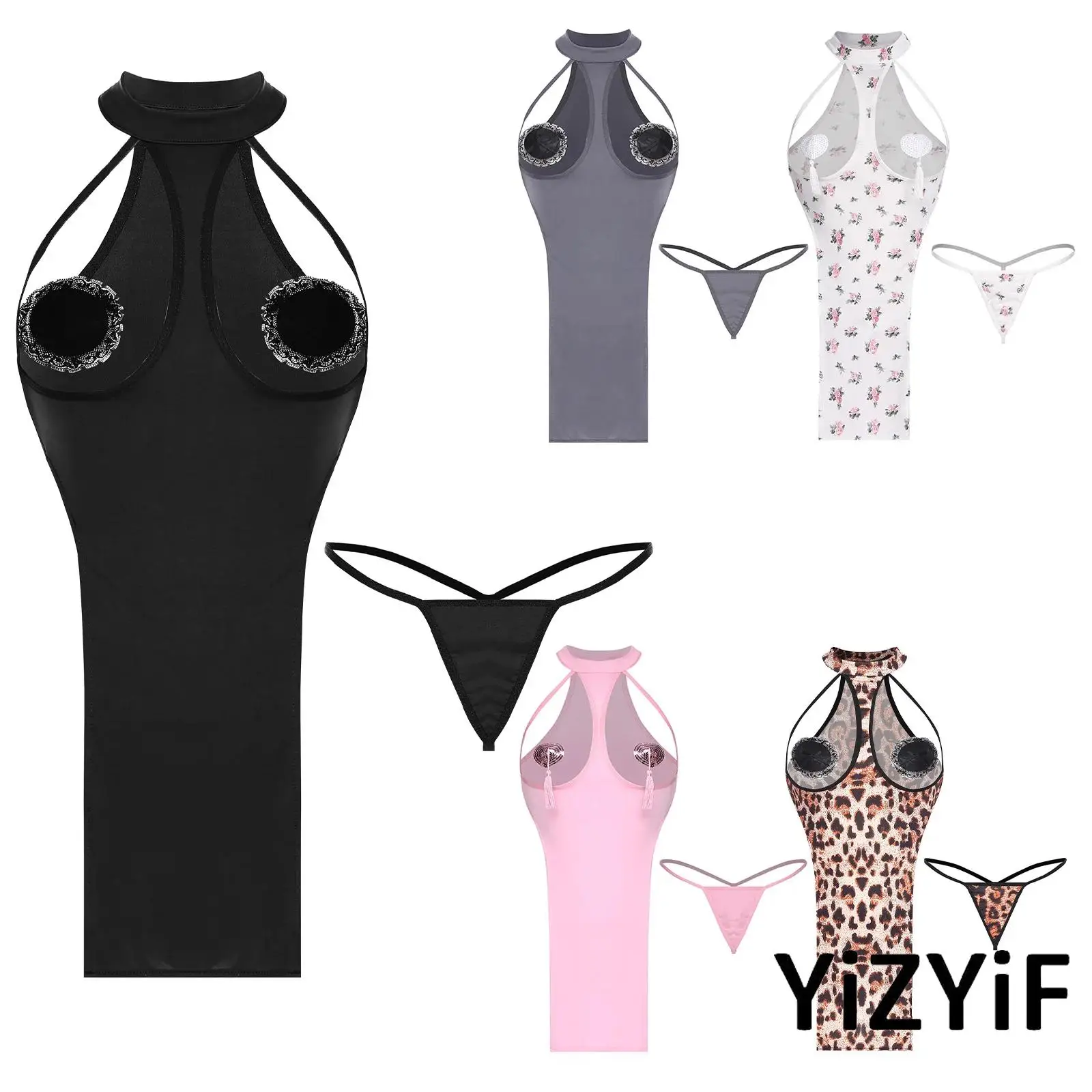 

Women Exotic Babydolls Uniform Leopard Print Hollow Out Slit Mini Dress&Lace Nipple Cover for Role Play Erotic Sexy Lingerie