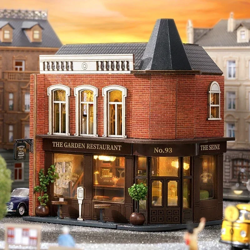 Retro DIY Wooden Magic Shop Corner Restaurant Dollhouses Miniature Kits With Furniture Home Desk Decoration Adult Handmade Gifts