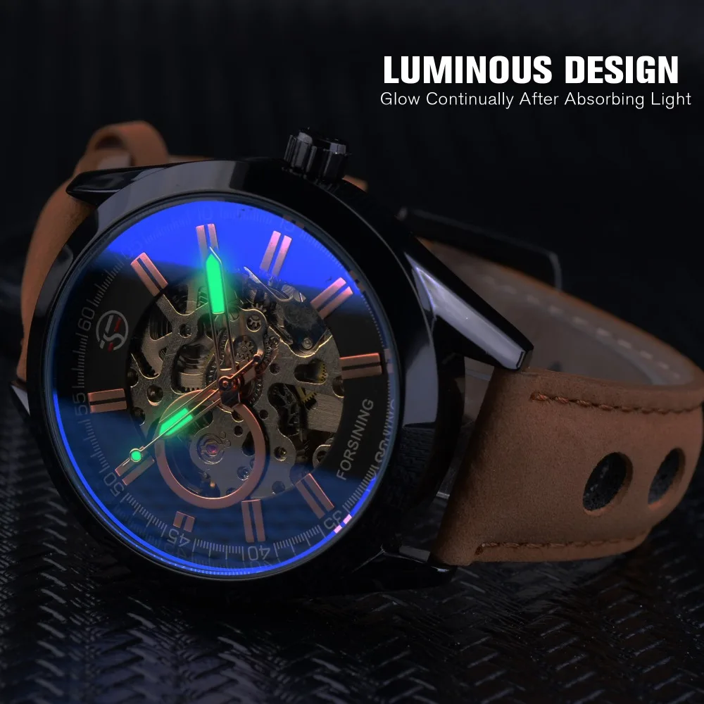 Forsining Brand Blue Light Glass Mens Casual Sport Watch Leather Military Automatic Men Mechanical Wrist Skeleton Luminous Clock