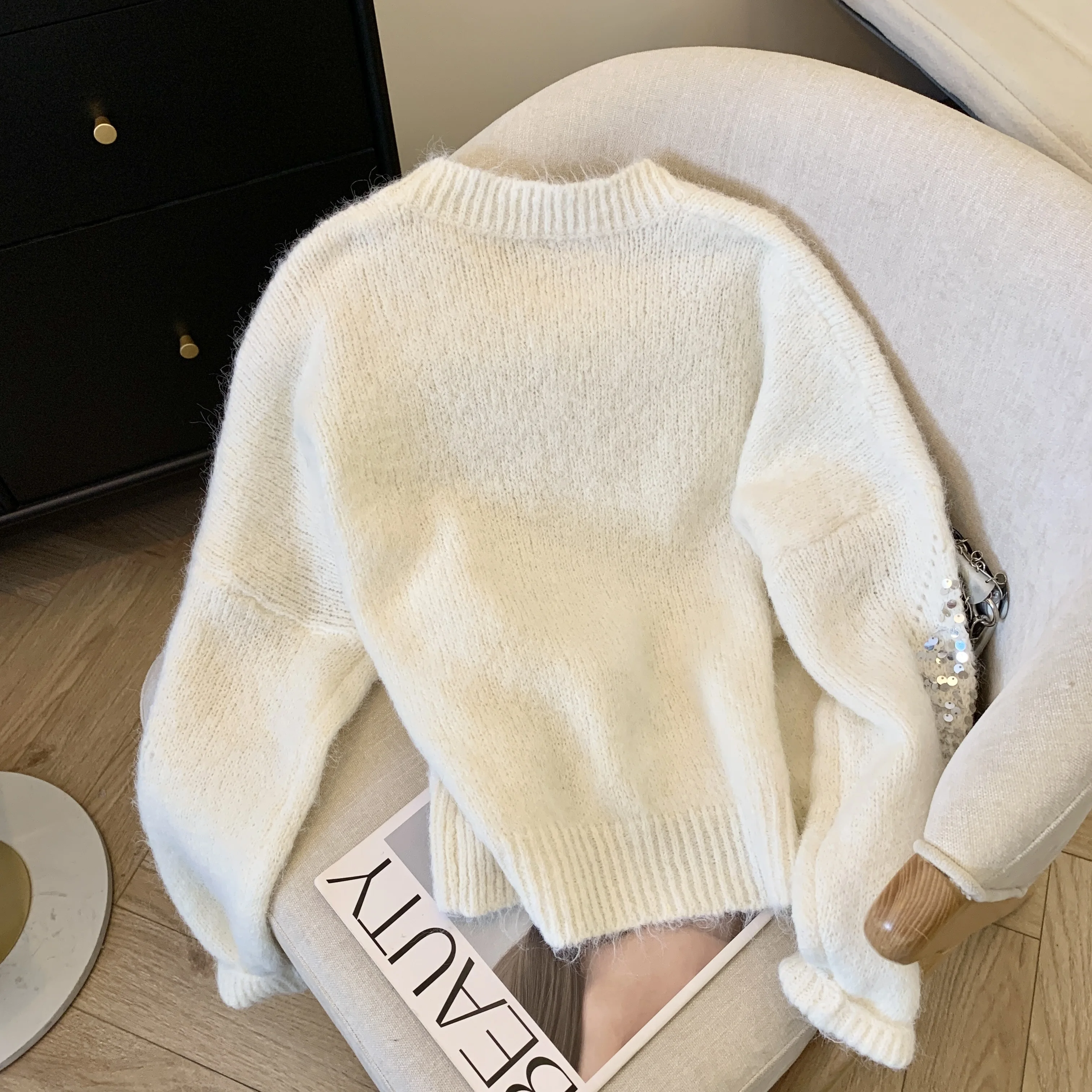 Feminino lantejoulas em torno do pescoço manga comprida camisola y2k moda francês elegante estética retro quente camisola superior roupas de inverno novo