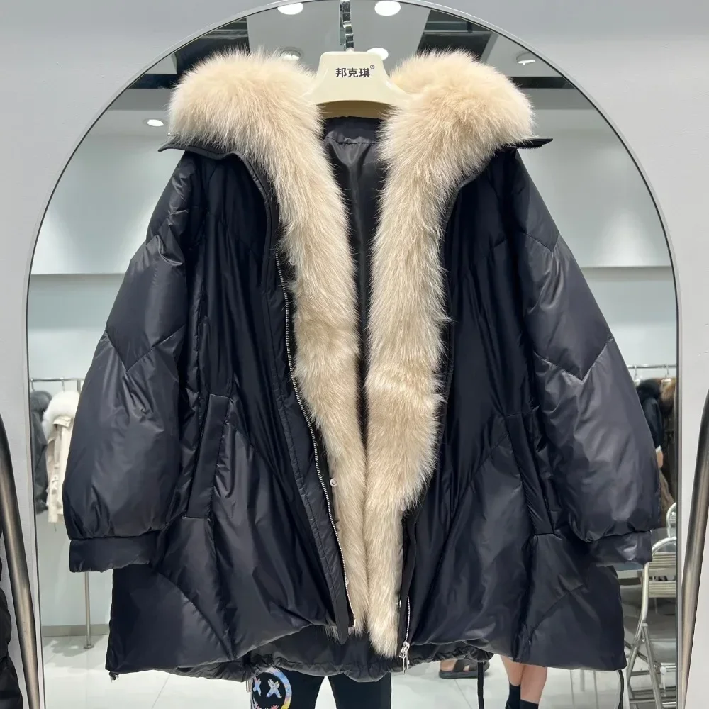 

Puffer Coat 2024 Real Natural Fox Fur Winter Women White Goose Down Jacket Loose Warm Puffer Coat Female Thick Mid-Long Parkas