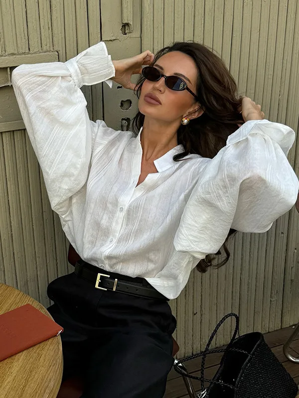 

Women's plus Size Long Sve irt Stand Collar Pure Color Loose Fit Bubble Sve Thin Summer Polyester Casual irt
