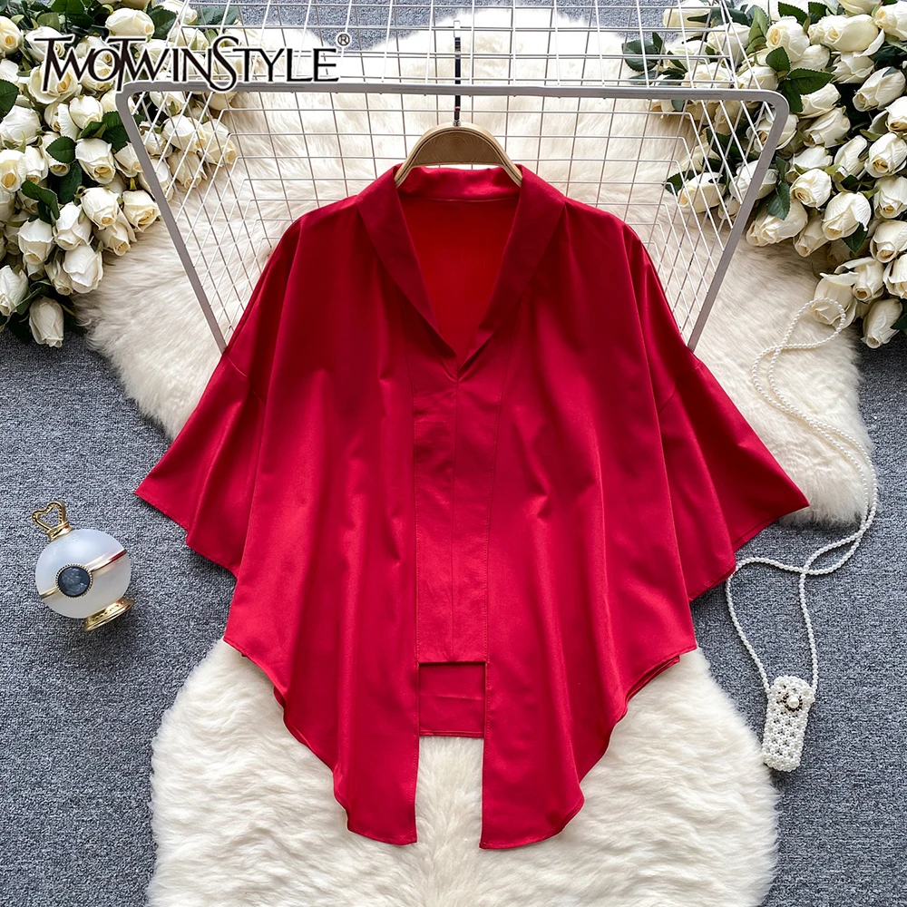 

TWOTWINSTYLE Solid Irregular Loose Shirts For Women V Neck Batwing Sleeve Casual Chic Pullover Blouse Female Fashion KBL517782