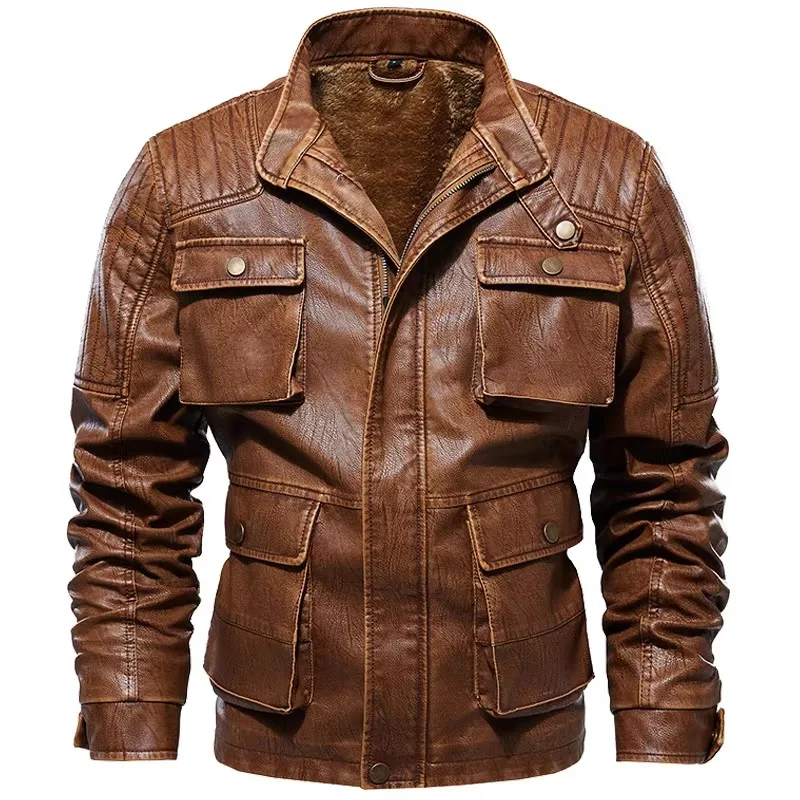 Winter Vintage Fleece Leather Jacket Men Solid Business Pilot Bomber Military Tactical Leather Jacket Warm Thick Coat