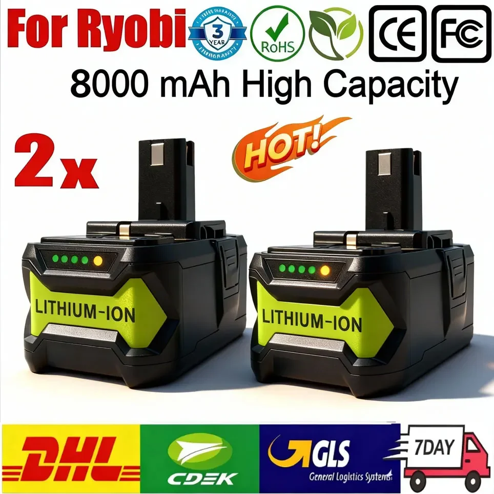 8 Ah Akku für Ryobi 18 V One Plus, Ersatzakku für Ryobi P107, P108, P109, Akku für kabellose Schraubendreher und Elektrowerkzeuge, wiederaufladbar.