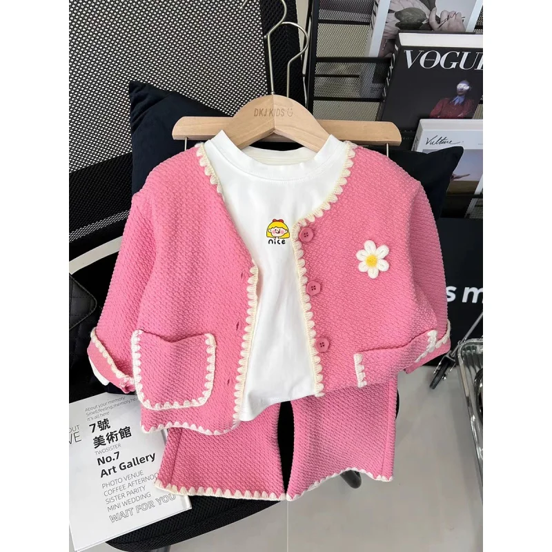 

2024Girl Spring and Autumn Children's Clothing Baby Girl Cute Suit Flower Cardigan Coat plus Two-Piece PantsWS