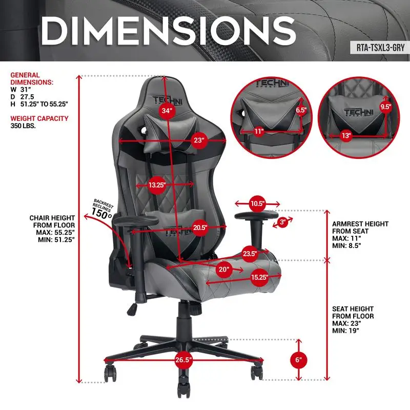 Ergonomic XL Gaming Chair in Grey