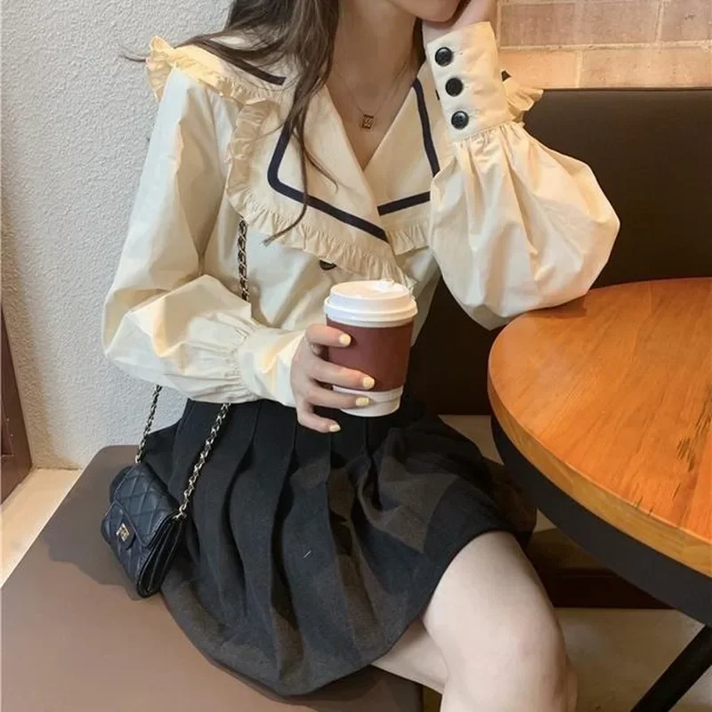 Shirts Womens Spring Autumn Elegant Ruffles Sailor Collar Casual Blouses Ladies Kawaii Korean Style Harajuku Female Tops Trendy