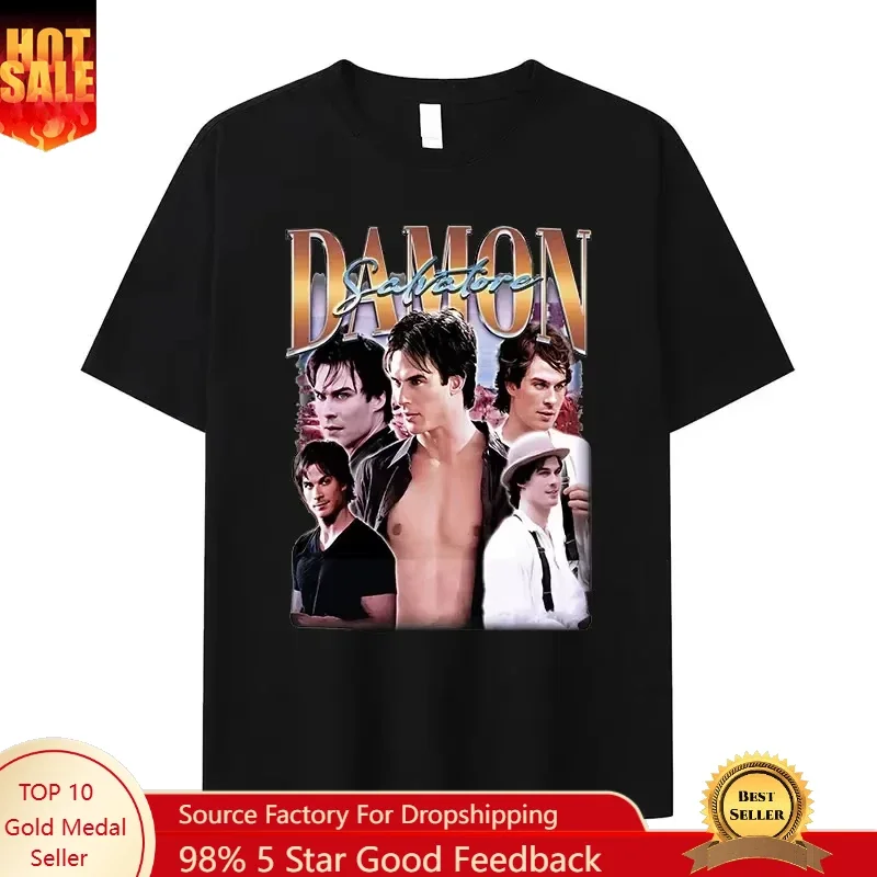 

Retro Damon Salvatore IanSomerhalder TV Drama Pattern Tshirt for WomenGothic Fashion Summer Tshirt for Women's Street Wear