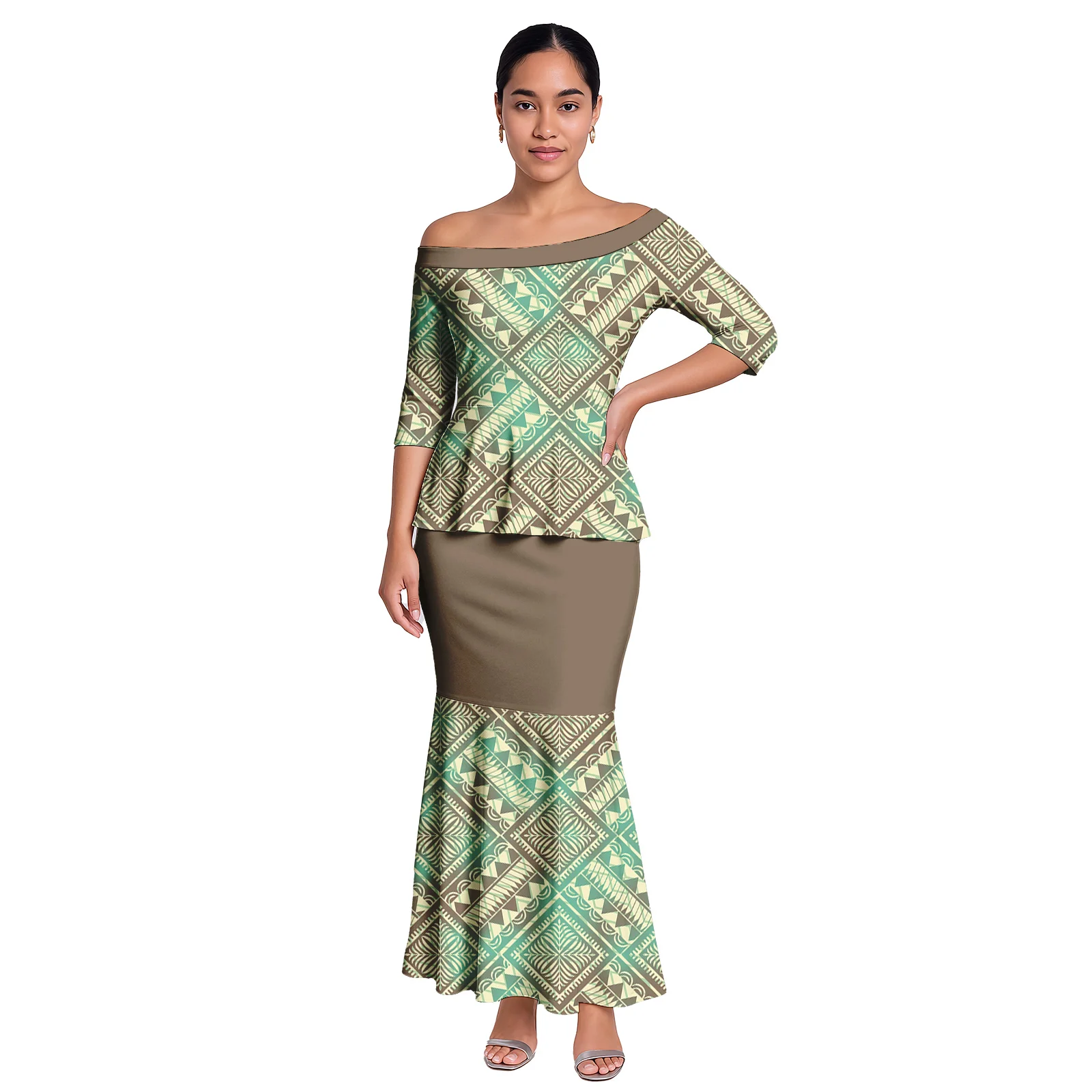 جودة عالية شعار مخصص الملابس ساموا التصميم الكلاسيكي بلوزات والتنانير 2 قطعة مجموعة فستان المرأة البولينيزية الأنيقة هاواي Puletasi