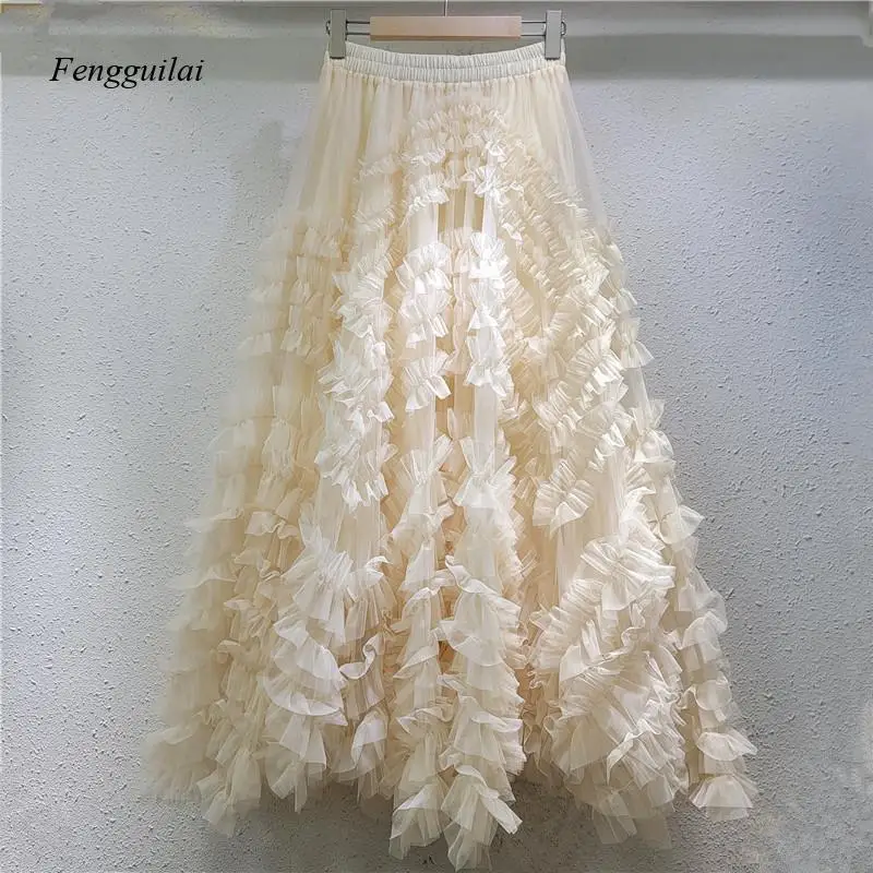 Women's Beige Tulle Maxi Skirt High Waist Ruffled Layered A-Line Fairy Skirt