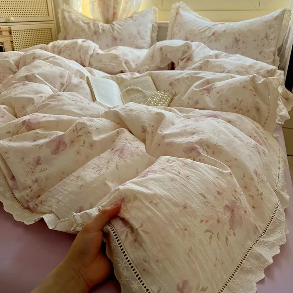 Washed Cotton Duvet Cover Sets Single/Queen/king Flower Printed Bedding Set Princess Style