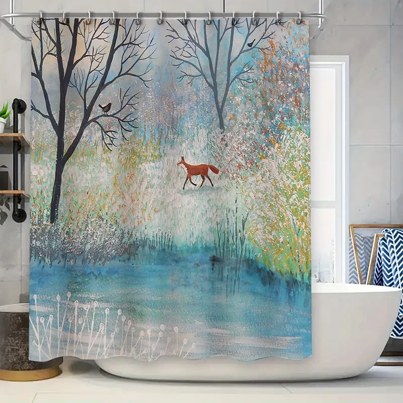 Cortina de ducha de zorro y bosque, decoración de baño escénica natural de animales del bosque, tapiz artístico de vida silvestre, decoración del hogar, estilo granja