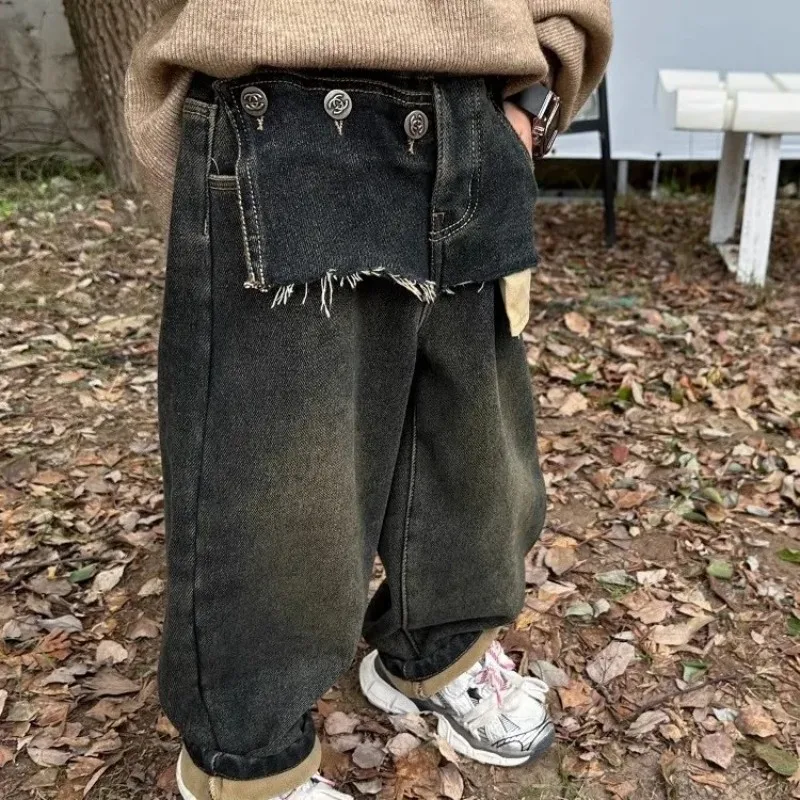 

New Korean Splicing Children's Autumn and Winter Thick Velvet Denim Pants Spring and Autumn Boys' Integrated Velvet Jeans