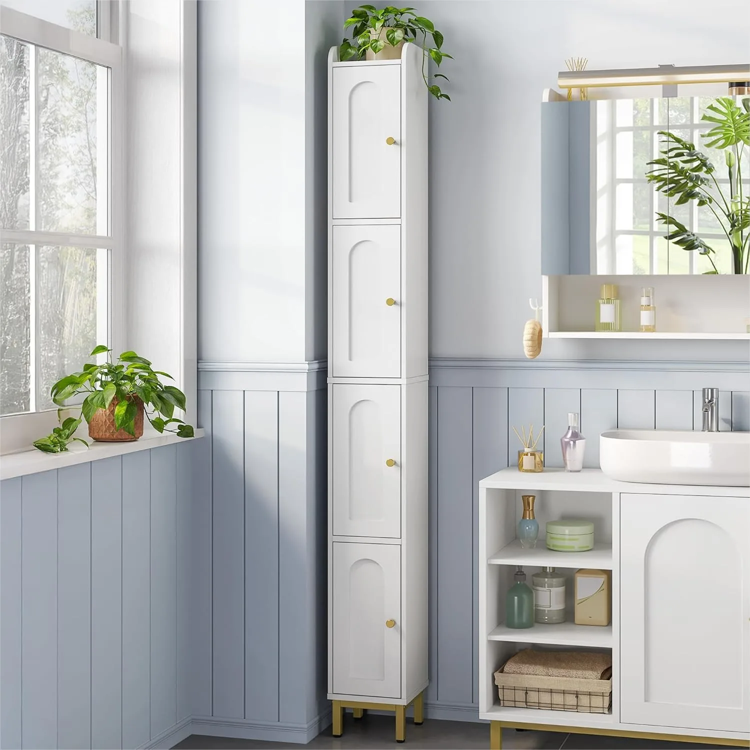 

4-Tier Narrow Tall Storage Cabinet, Slim Bathroom Cabinet with Adjustable Feet, Space-Saving Organizer for Small Spaces, White