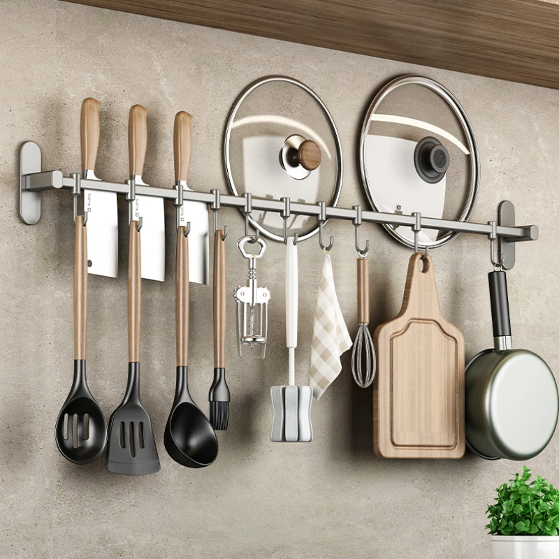 Kitchen Hook No Punch Rod Stainless Steel Wall Hook Movable Kitchen Shelf Pot Spatula Spoon Knife Holder