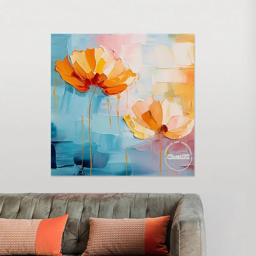 Abstract Large Lotus FLowers Unframed Office Decor Oil Painting Palette Knife Wall Art Poster On Canvas Handmade Luxury Set