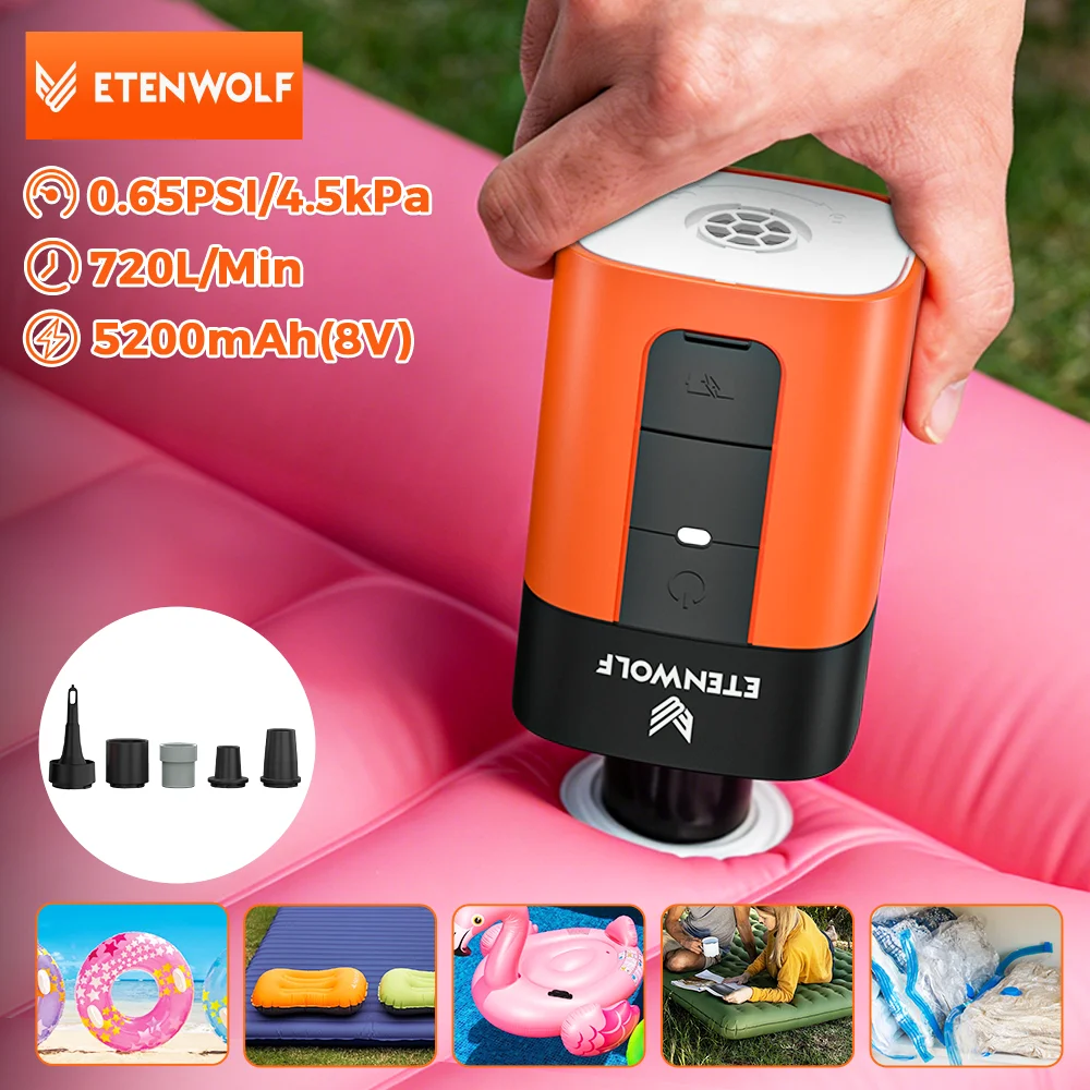 ETENWOLF AIR 5 PRO Bomba de aire eléctrica 720 LPM 4X Quick 10400 mAh Inflador y desinflador Bomba de aire portátil para flotadores de piscina