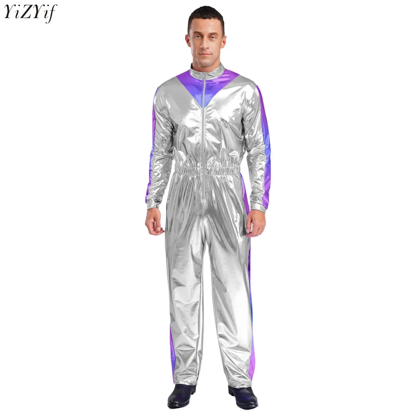 

Men Sparkly Jumpsuit 80s Disco Dance Bodysuit Long Sleeves Elastic Waist Color Block Long Jumpsuit Casual Clothes Party Clubwear