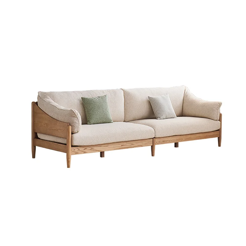 

Nordic solid wood sofa modern simple ash wood three-seater inline living room small apartment fabric sofa