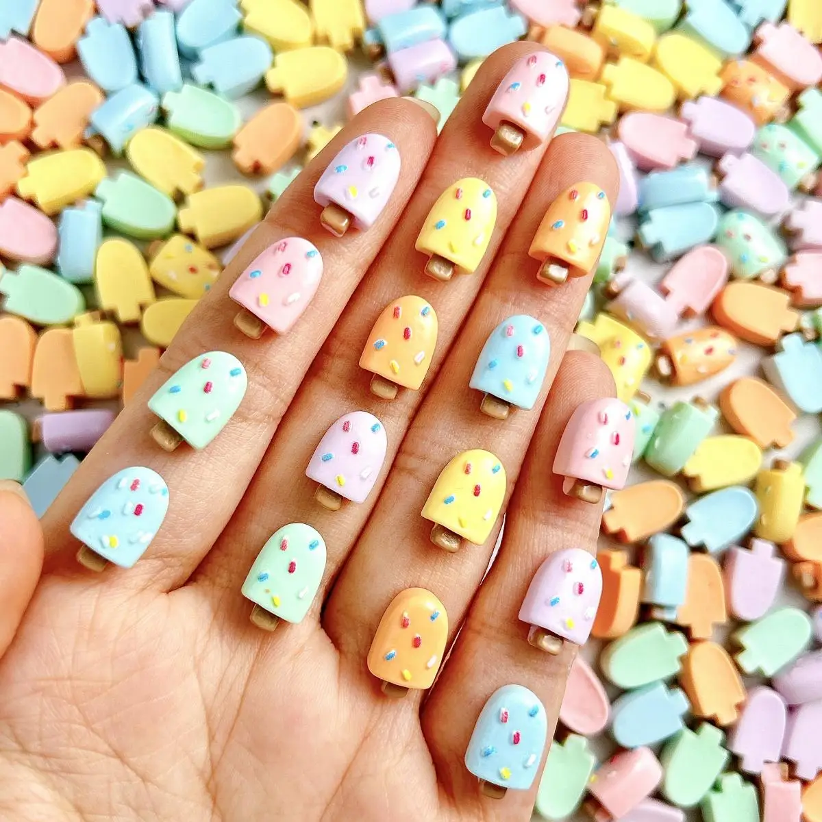 Creative Realistic Popsicle Resin Nail Charms Dopamine Colored Simulated Rainbow Bean Ice-cream Nail Art Decorations DIY Nails