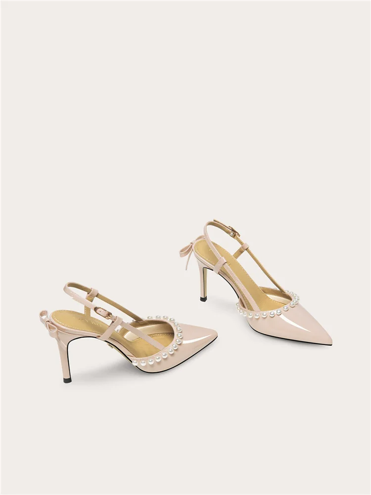 Summer new pointed patent leather pearl small size slim heel sandals banquet large size widened high heels women's shoes