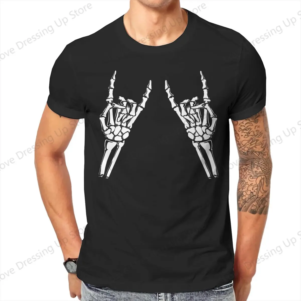 

Skeleton hands rocks rocker sign Cotton Short Sleeve T-shirt Men Women Trend Fun Misfits Skull Summer Creativity Tops