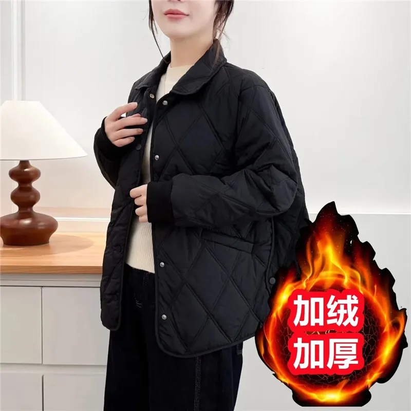 

2026 Winter Women's Velvet Padded Coat Loosely Spliced Female Middle-aged Mother Jacket Cotton-padded Fashion Diamond Overwear