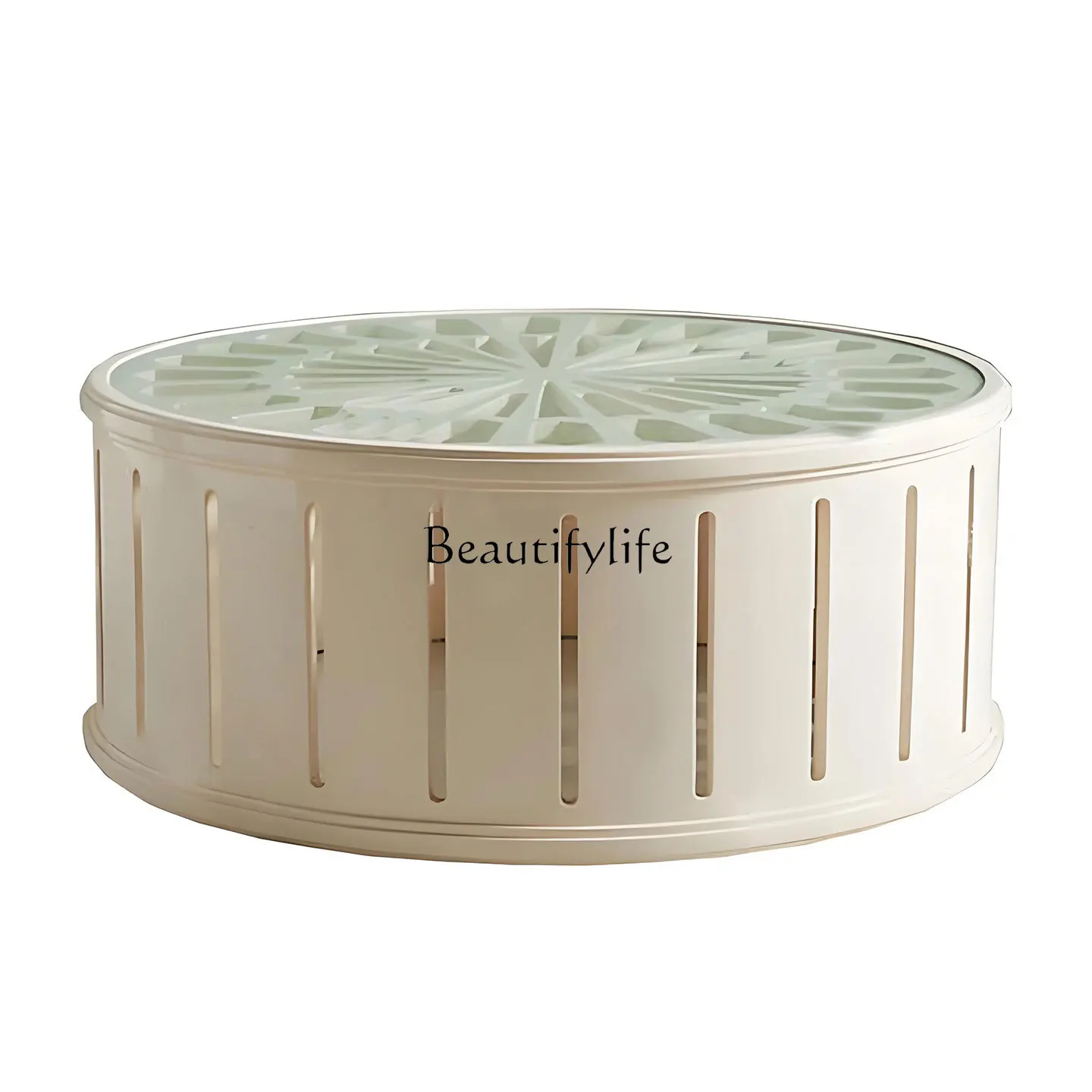 

*American solid wood round coffee table French retro white small apartment glass surface