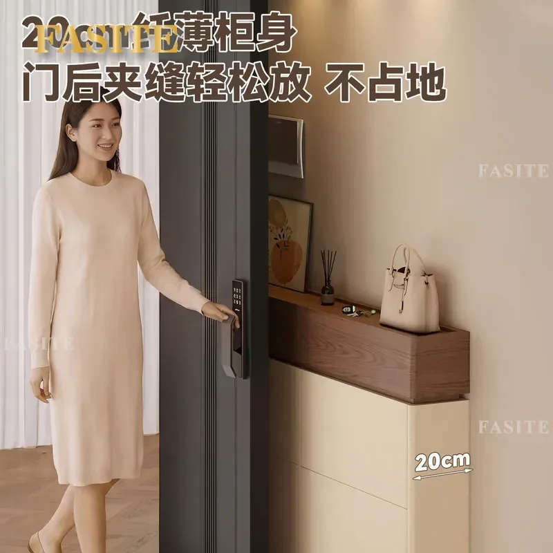 For Household Ultra Thin Solid Wood Shoe Cabinet Wall Mounted Tipping Bucket Storage Rack Space Saving Narrow Entryway