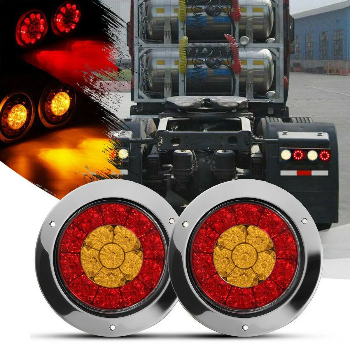 Leading-Edge-2X 4 Inch 16 LED Round Truck Trailer RV Brake Stop Turn Tail Signal Light Red Amber Chrome Waterproof 12-24V