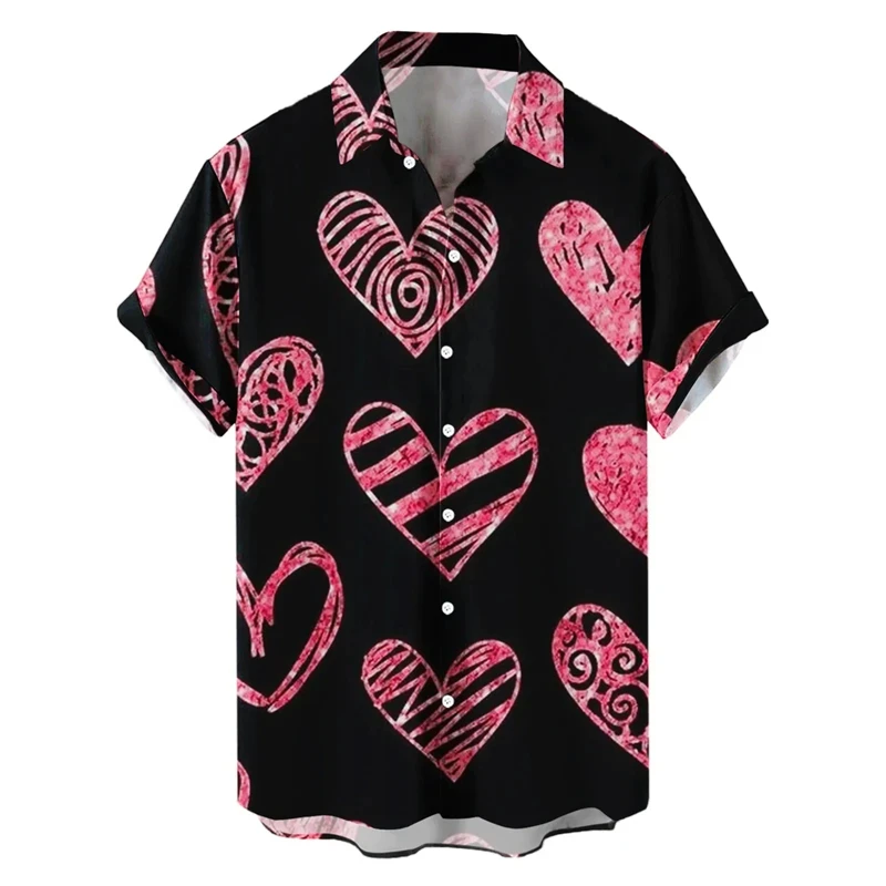 

Heart Love Print Men's Shirt Summer New Fashion Short Sleeve Blouse Button Valentine Day Clothing Party Social Dress Tops