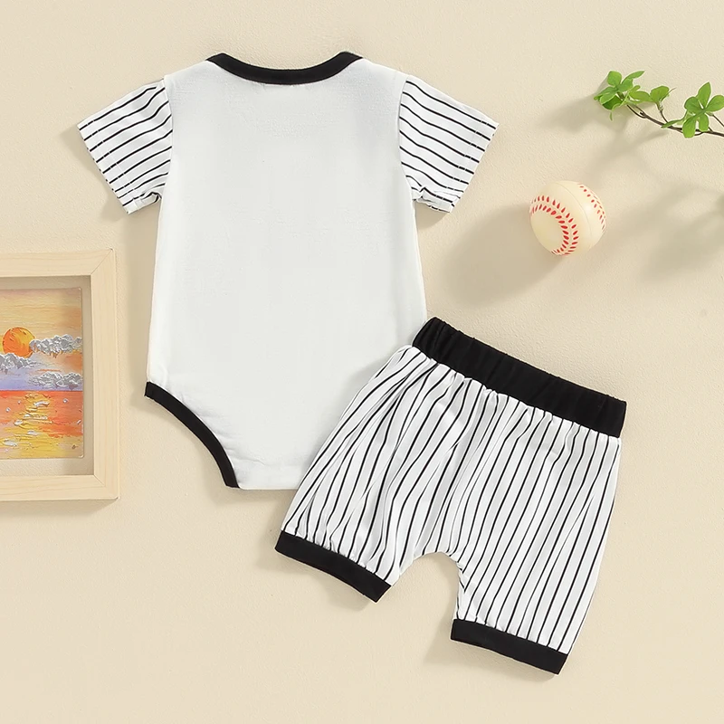 Boys Baseball Outfits Round Neck Short Sleeve Letter Print Romper Elastic Waist Shorts Infant Toddler 2 Piece Set