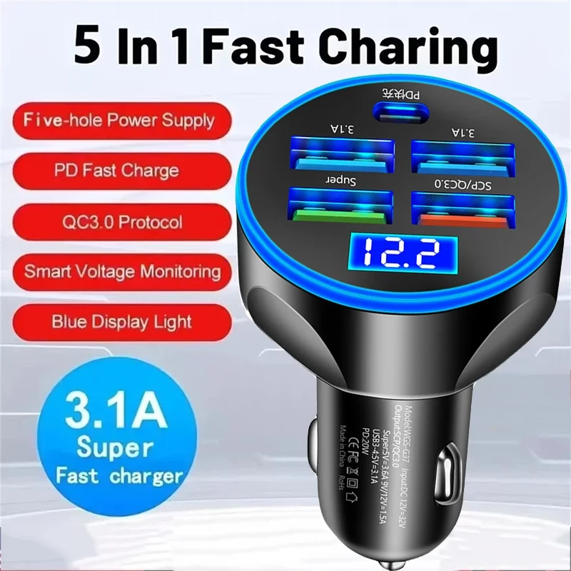 250W 4 Port USB Car Charger PD Fast Charging Adapter With LED Digital Display For iPhone Huawei Realme Mobile Phone Car Charger