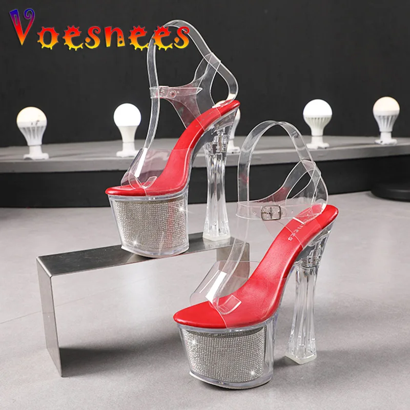 

Женские босоножки на очень высоком каблуке 17,5 см, прозрачные водонепроницаемые сандалии на толстой платформе, летние прозрачные свадебные туфли с кристаллами, новинка 2022