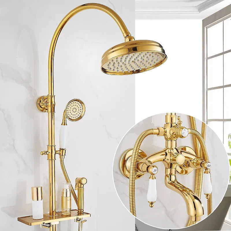 

French retro all-refined copper gold shower set, bathroom, bathroom, shower nozzle, surface-mounted pressurized