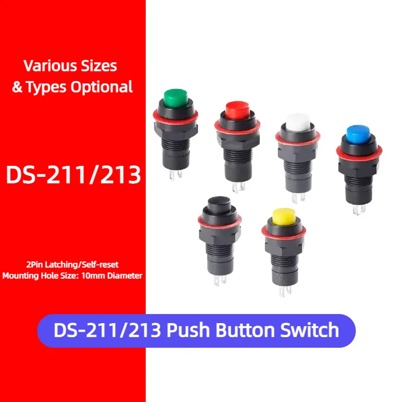 

DS-211 DS-213 10mm Round Push Button Switch 2Pin Latching/Self-reset Panel Control DIY Accessory Household Appliance