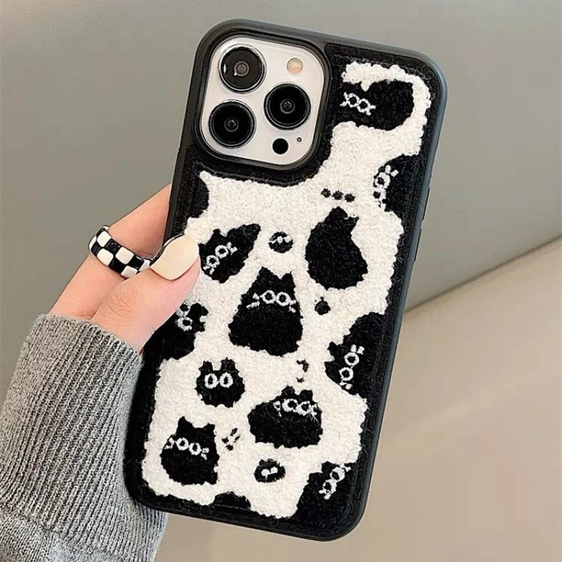 Embroidered Plush Black Cat Phone Case For iPhone 15 14 13 12 Pro Max Full Cover