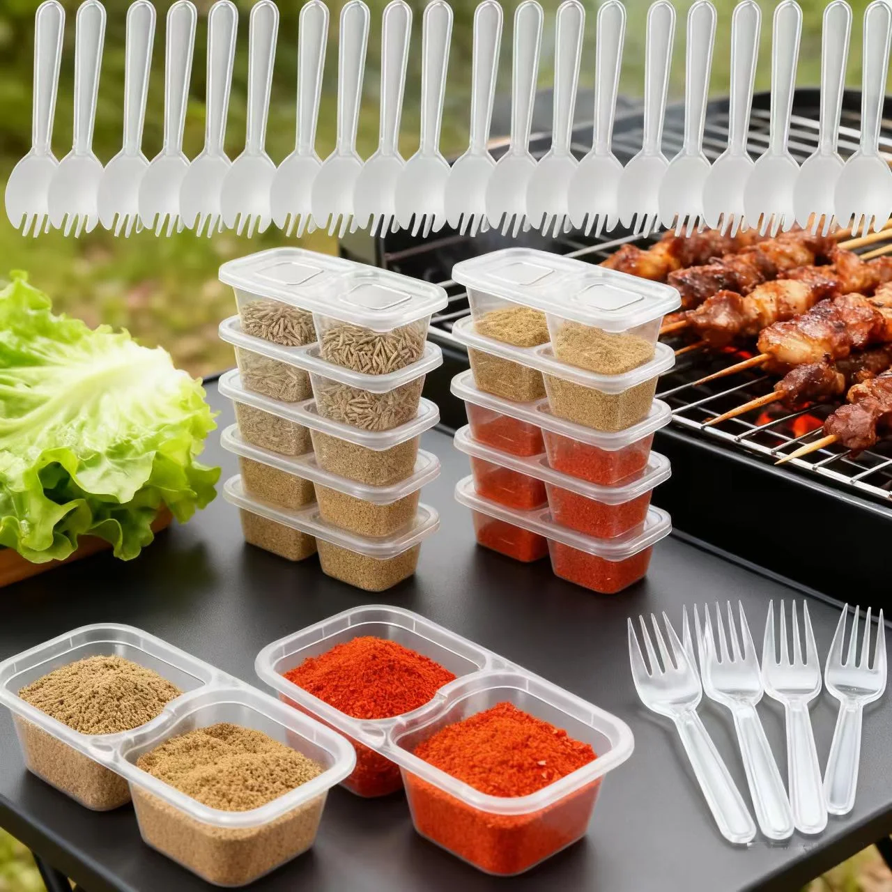 20pcs Compartment Sauce Pots，Reusable Leakproof Dipping Container，Snack Box for Fruits, Yogurt, Salad, Condiments 20PCS Forks