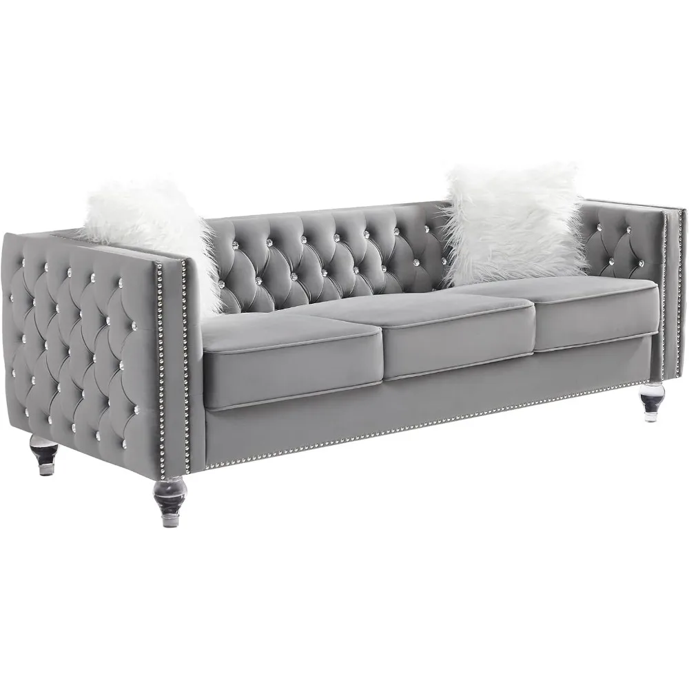 

Velvet Sofa Couch 83 Inch Long Modern Sofa with Acrylic Legs and 2 Pillows, Jeweled Buttons Tufted Couch Modern Decor Furniture