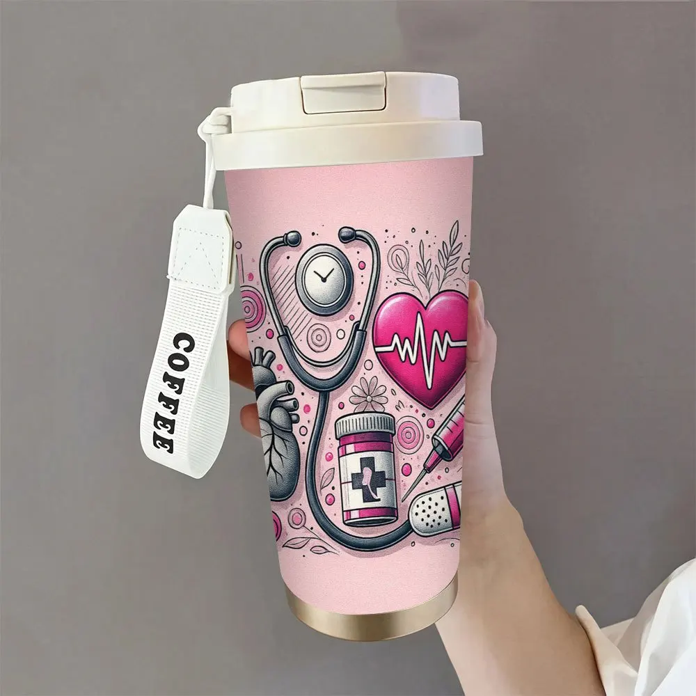 1 medical coffee cup with ECG, ECG, heart-shaped heart and stethoscope design | 18oz leak-proof 316 stainless steel cup
