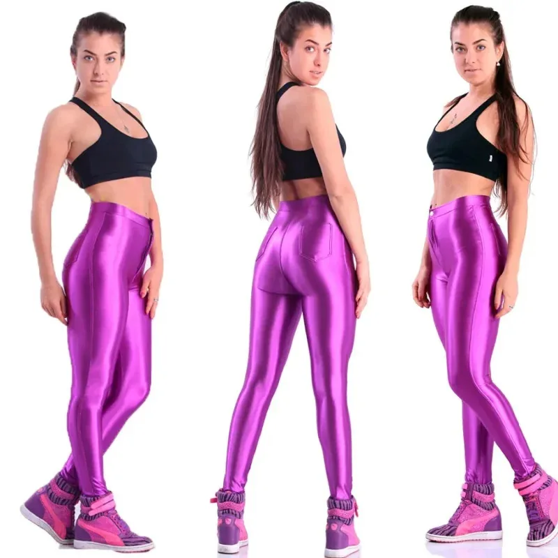 qq 123Women casual solid fluorescent leggings shiny glossy plus size multicolor legging female pant sporty elastic clothes